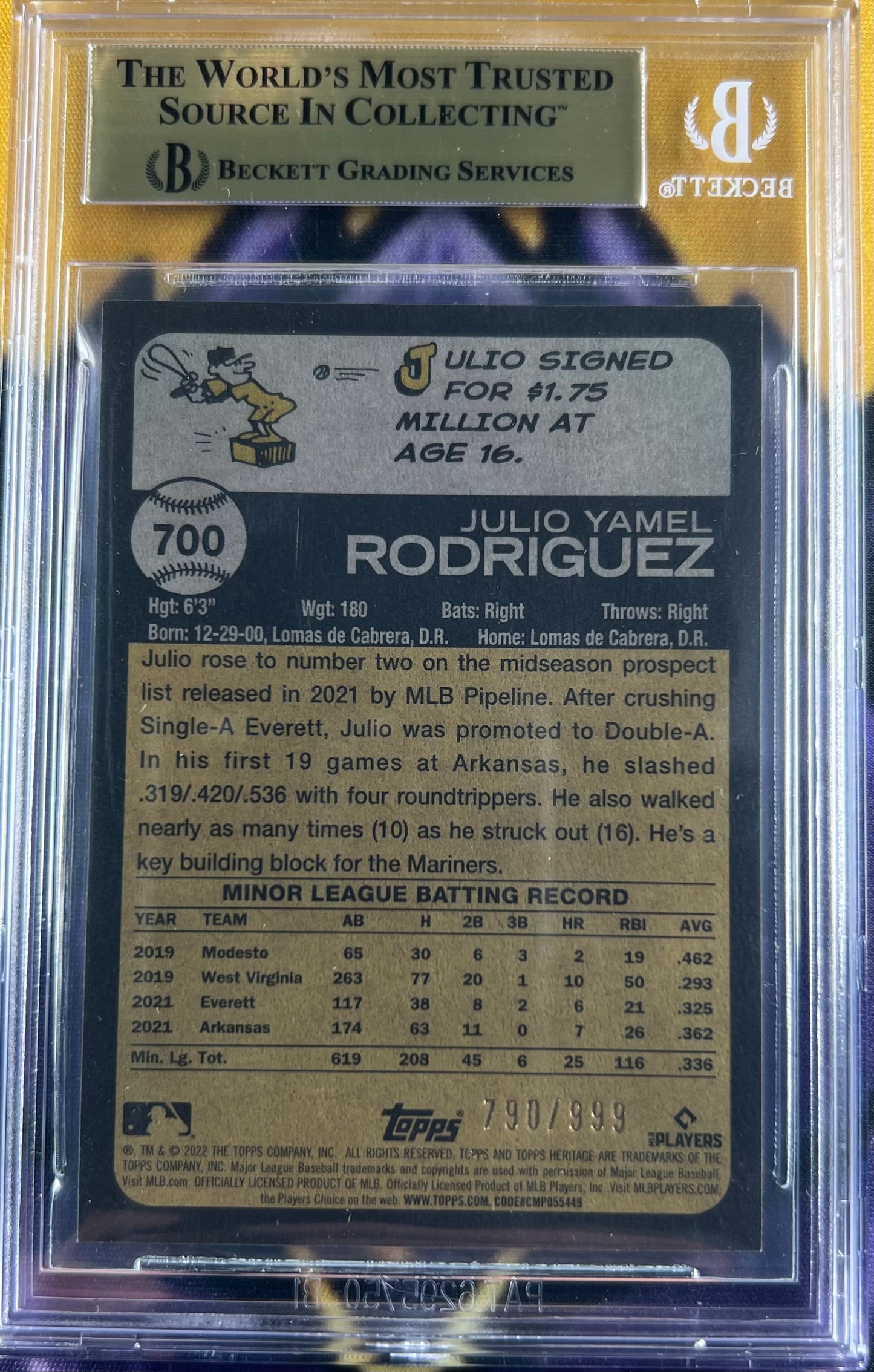Beckett 9.5 2022 Julio Rodriguez #700 Topps Heritage