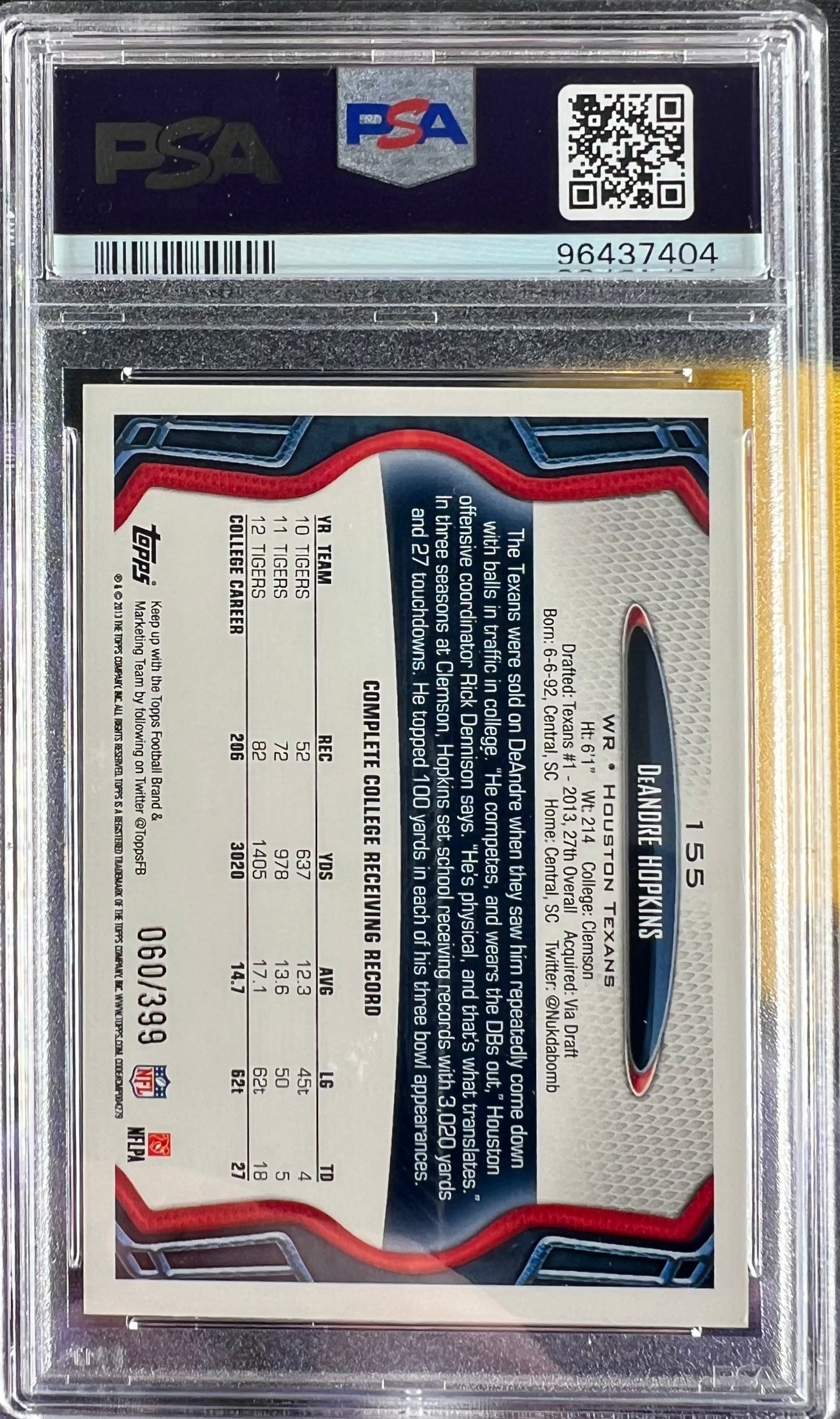 PSA 9 2013 Topps Deandre Hopkins Ball In Right Hand Pink